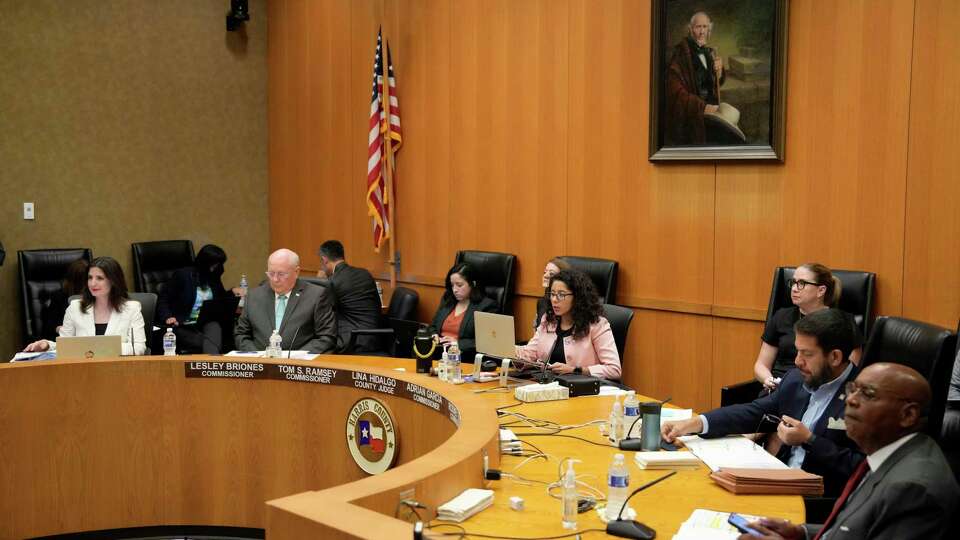 Lesley Briones, Commissioner Precinct 4, left, Tom Ramsey, Commissioner Precinct 3, County Judge Lina Hidalgo, Adrian Garcia, Commissioner Precinct 2, and Rodney Ellis, Commissioner Precinct 1, right, are shown during Commissioners Court, 1001 Preston St., Tuesday, June 6, 2023, in Houston.