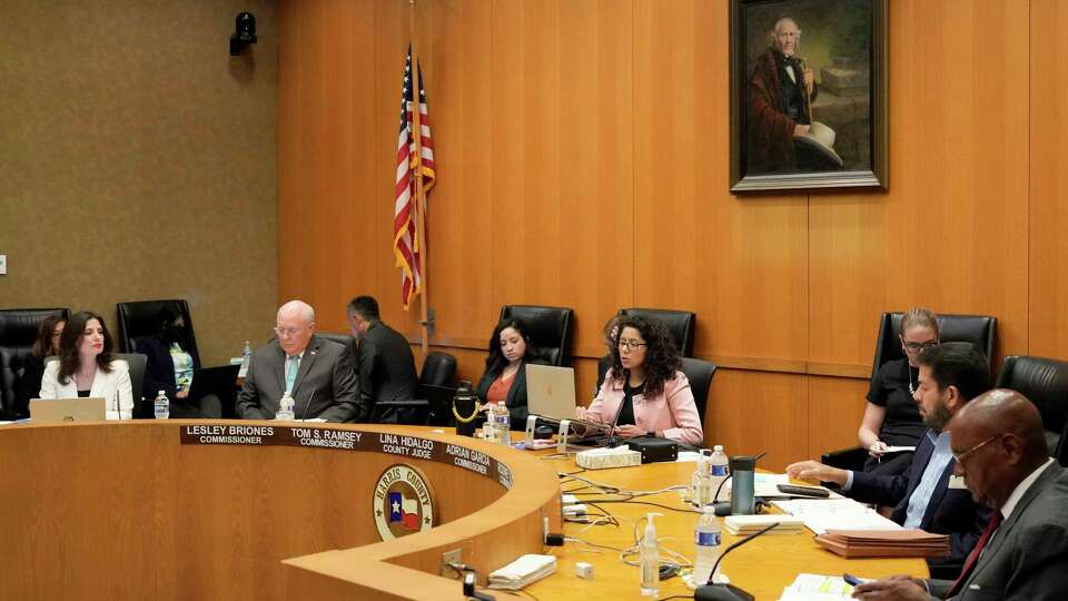 Lesley Briones, Commissioner Precinct 4, left, Tom Ramsey, Commissioner Precinct 3, County Judge Lina Hidalgo, Adrian Garcia, Commissioner Precinct 2, and Rodney Ellis, Commissioner Precinct 1, right, are shown during Commissioners Court, 1001 Preston St., Tuesday, June 6, 2023, in Houston.