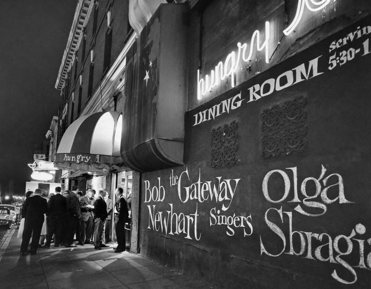 Outside of the Hungry I nightclub in San Francisco when Bob Newhart and the Gateway Singers were due to appear in the 1960s. 