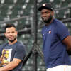 Houston Astros second baseman Jose Altuve (27) and Yordan Alvarez (44) during batting practice before the start of an MLB baseball game at Minute Maid Park on Friday, June 2, 2023, in Houston.
