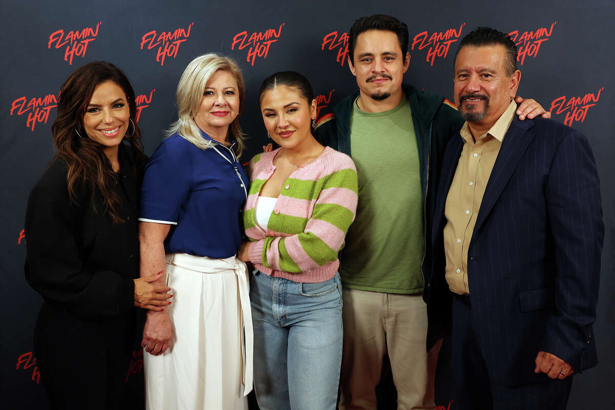 From left, Eva Longoria, Judy Montañez, Annie Gonzalez, Jesse Garcia and Richard Montañez pose for a photo after a screening and Q&A for the movie “Flamin’ Hot” at the Angelika Film Center on Wednesday in Dallas. 