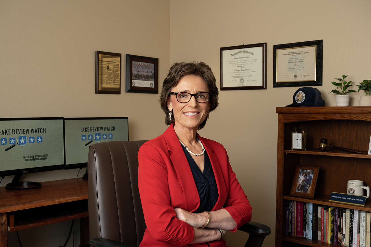 Kay Dean of Fake Review Watch sits in her home office in San Jose, Calif., June 9, 2023.