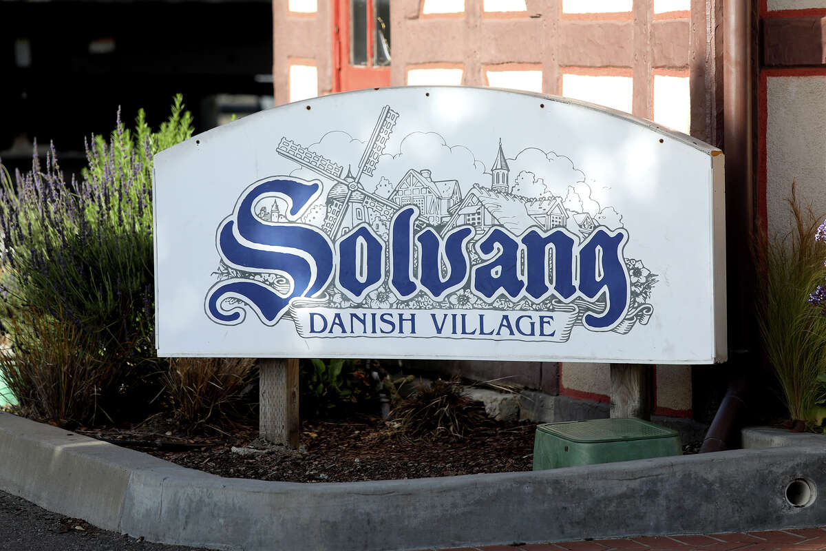 A welcome sign in downtown Solvang, Calif. 