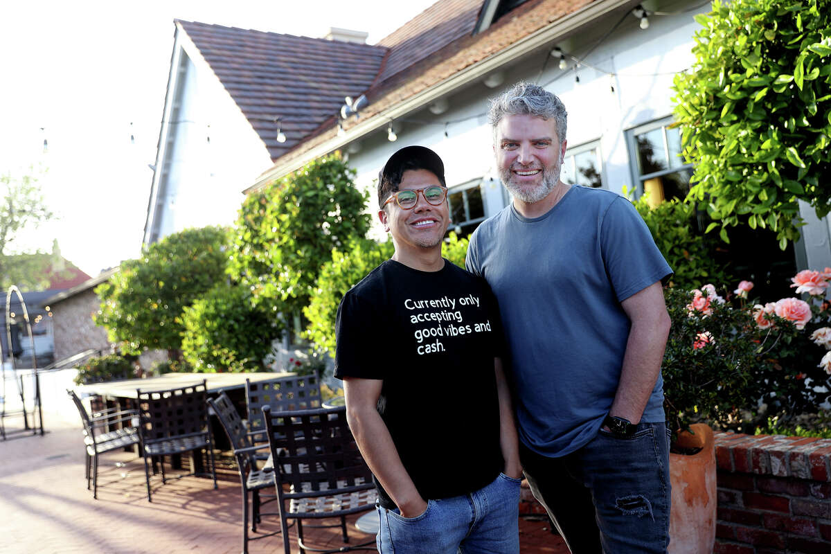 Husbands Matthew Cavalli, 43, left, and Kiel (cq) Cavalli, 41, of Solvang, founders of the Rainbow House, on Tuesday, April 25, 2023, in Solvang, Calif.