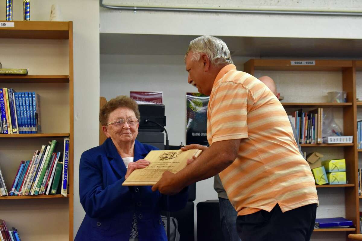 Evart school board honors librarian Lilas VanScoyoc