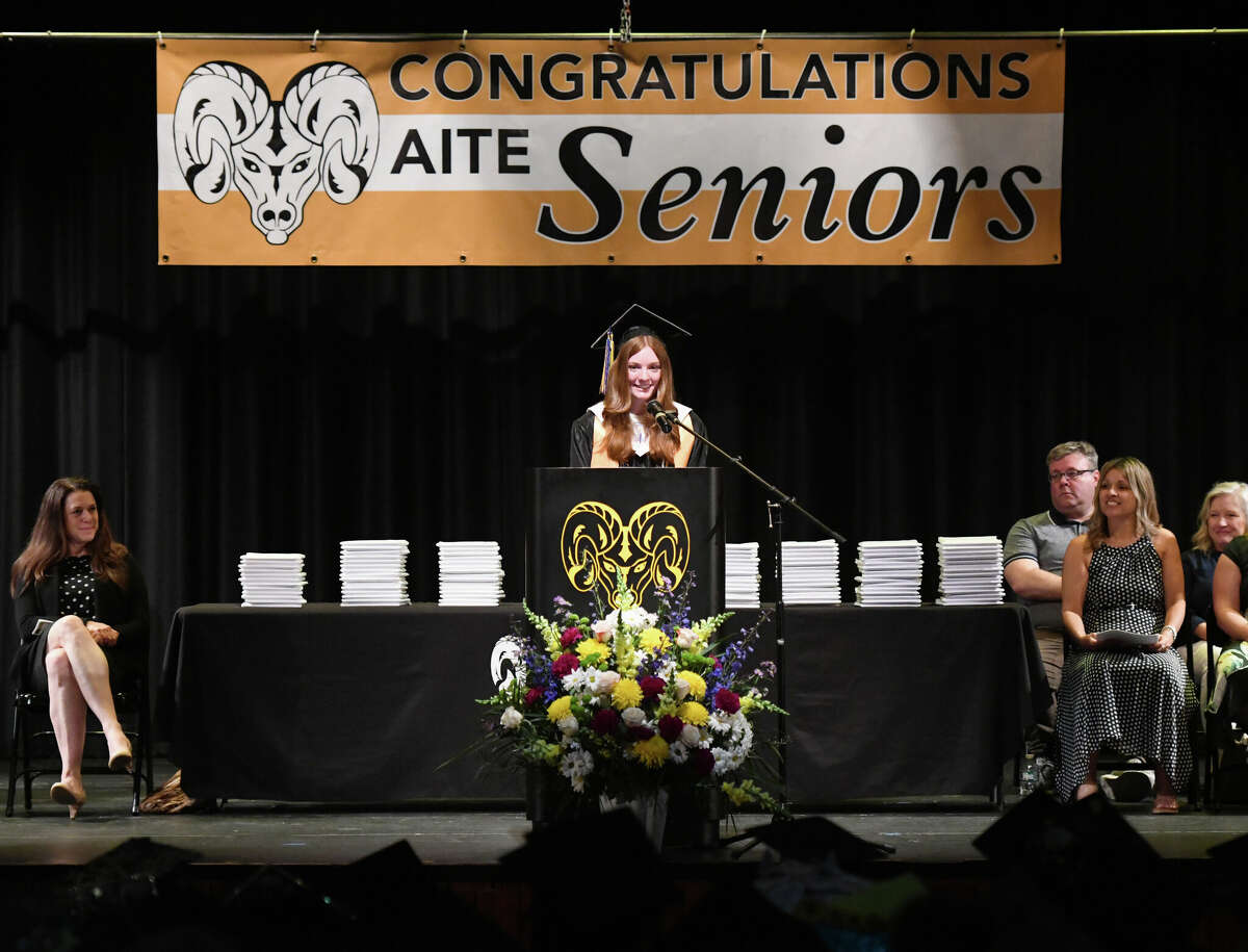 Senior Class President Ella Macpherson speaks during the Class of 2023 Commencement Ceremony at Academy of Information Technology & Engineering (AITE) in Stamford, Conn. Tuesday, June 13, 2023.