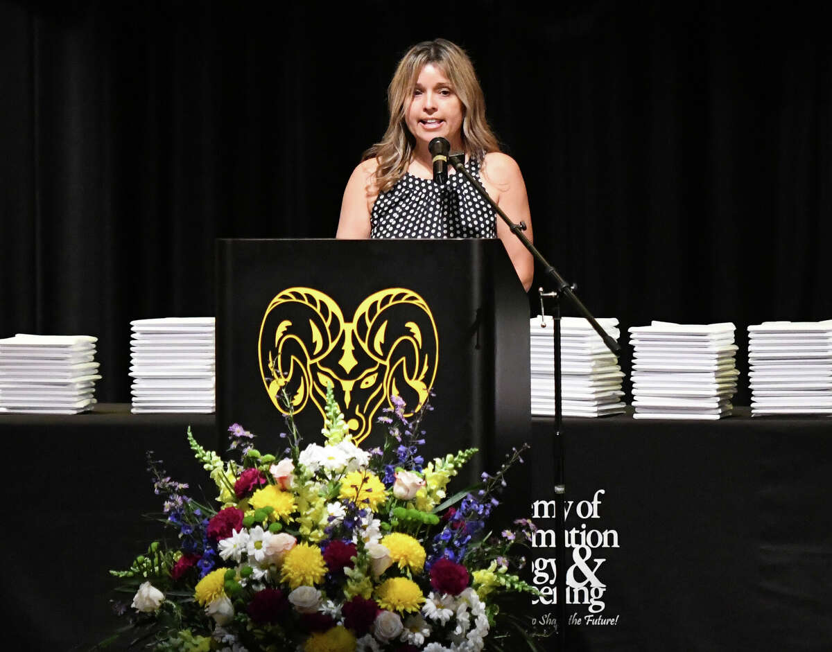 Principal Tina Rivera speaks during the Class of 2023 Commencement Ceremony at Academy of Information Technology & Engineering (AITE) in Stamford, Conn. Tuesday, June 13, 2023.