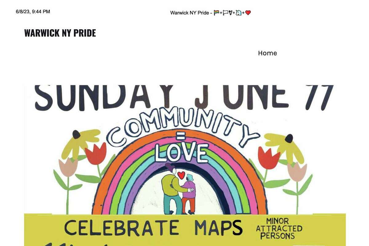 Screenshots of warwickpride.com, a fake website created to spread disinformation about the town’s Pride event. The site was taken down by Tuesday morning.