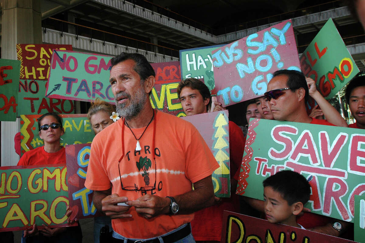 A longtime activist, Walter Ritte led farmers, Native Hawaiiians and supporters in an anti-GMO protest at the Hawaii State Capitol in Honolulu, Friday, March 30, 2007.