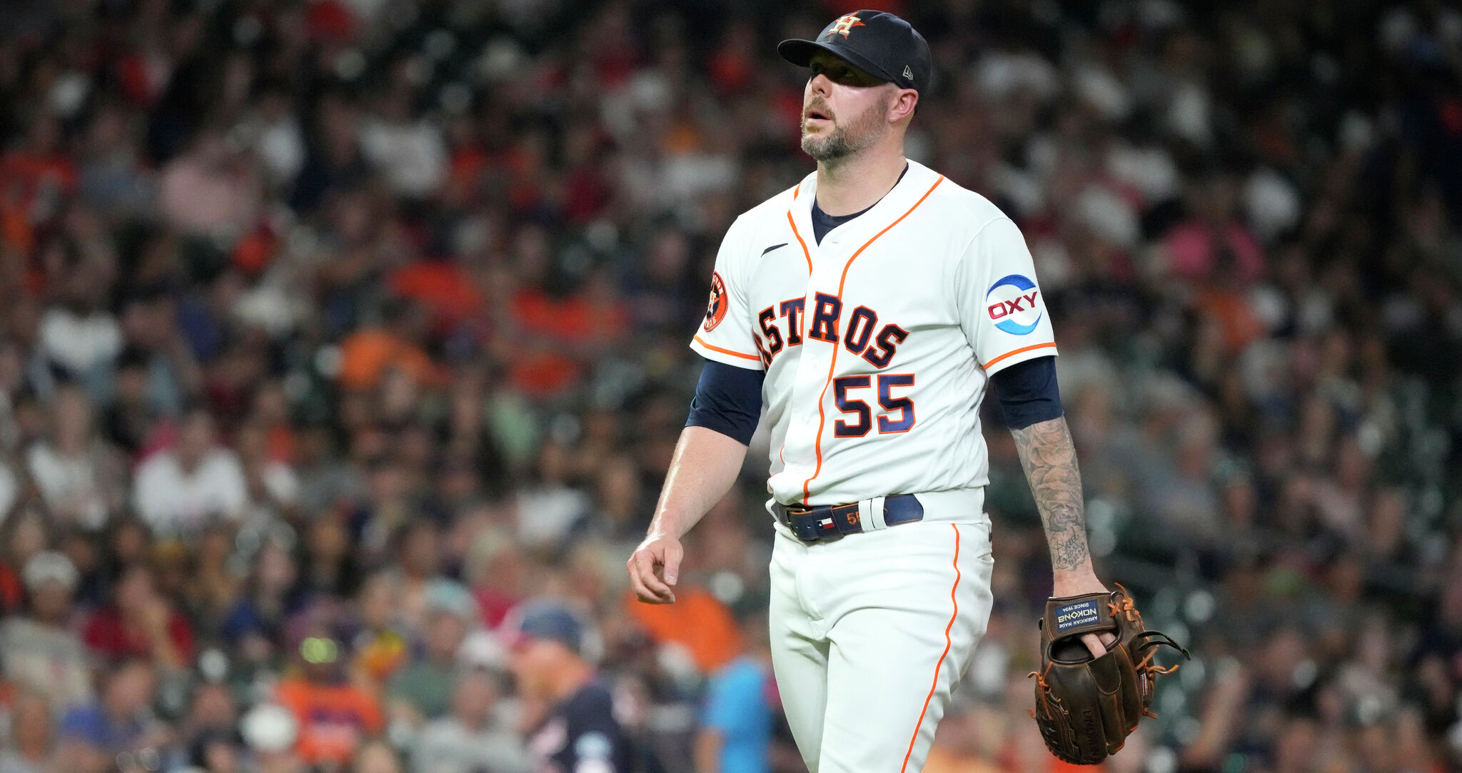 Houston, United States. 21st June, 2023. Houston Astros relief pitcher Ryan  Pressly (55) comes in to get the save in the top of the ninth inning during  the MLB game between the
