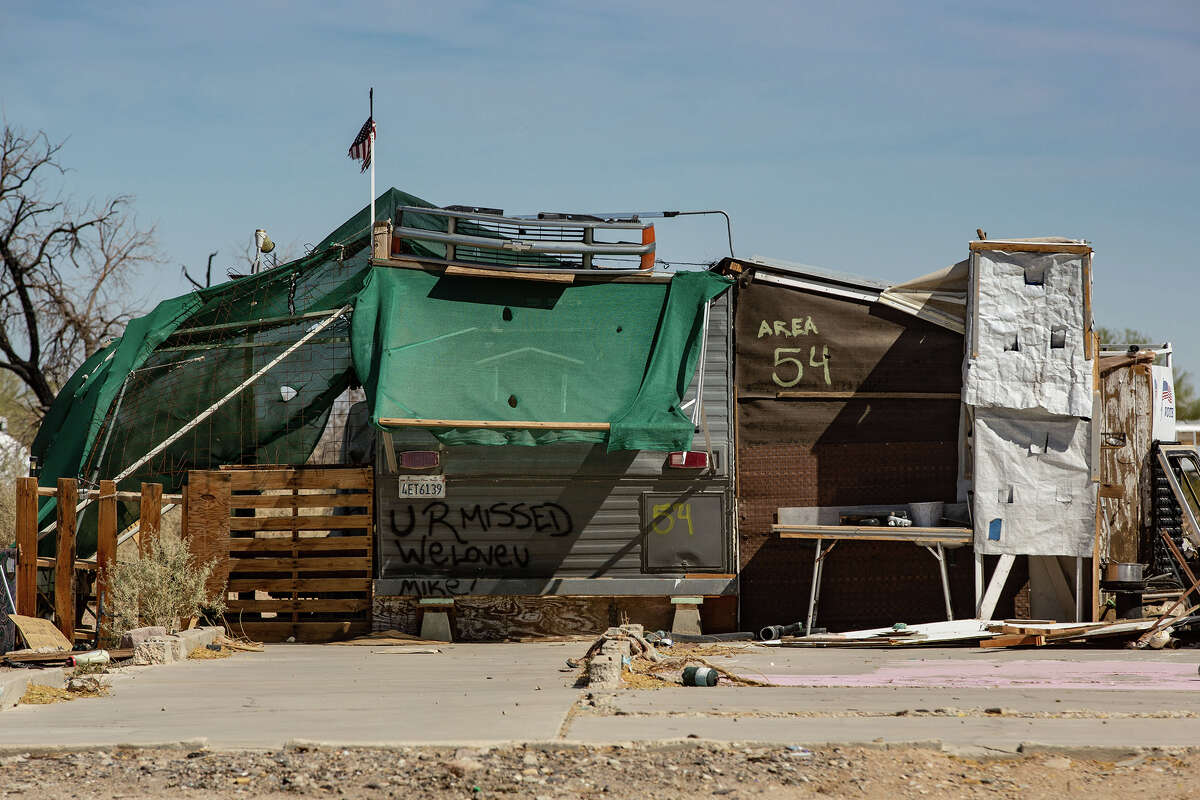 FILE: On the eastern shore of the Salton Sea, Slab City is an unincorporated community of hundreds of squatters who have made their home on a former 1950s military base, as viewed on May 10, 2022, near Niland, Calif.