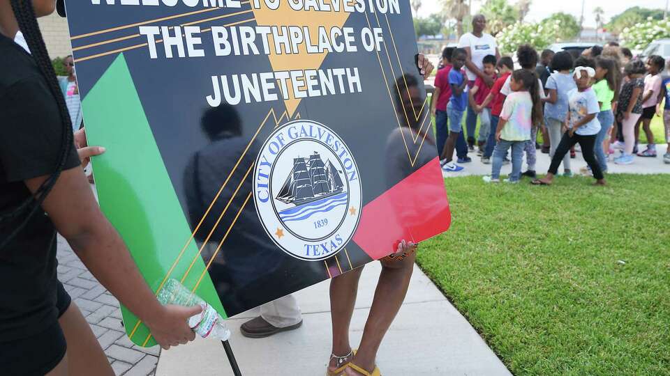 New signage that will be installed on the highway entering the Island to recognize its place as the birthplace of Juneteenth on Friday, June 16, 2023 in Galveston.