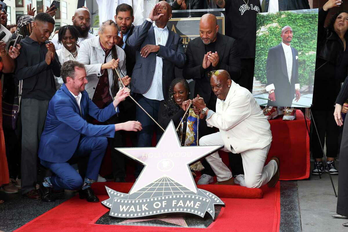 Jamal Joseph, Hugo Soto-Martinez, Big Boy, Sekyiwa “Set” Shakur, Allen Hughes and Mopreme Shakur attend the ceremony honoring Tupac Shakur with a posthumous star on the Hollywood Walk of Fame on June 7, in Hollywood.