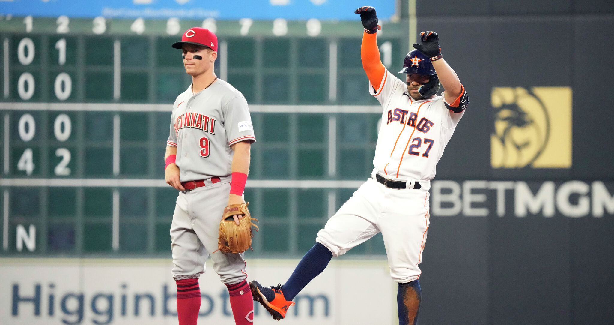 Houston Astros' J.J. Matijevic (13) celebrates with Jose Altuve after  hitting a home run against the Chicago White Sox during the fourth inning  of a baseball game Sunday, June 19, 2022, in