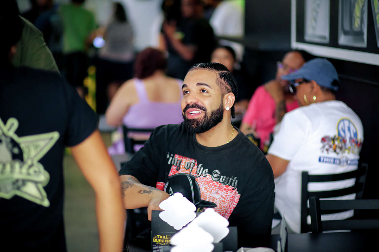 Rapper Drake visits Bun B's Trill Burgers on June 19, 2023 in Montrose.