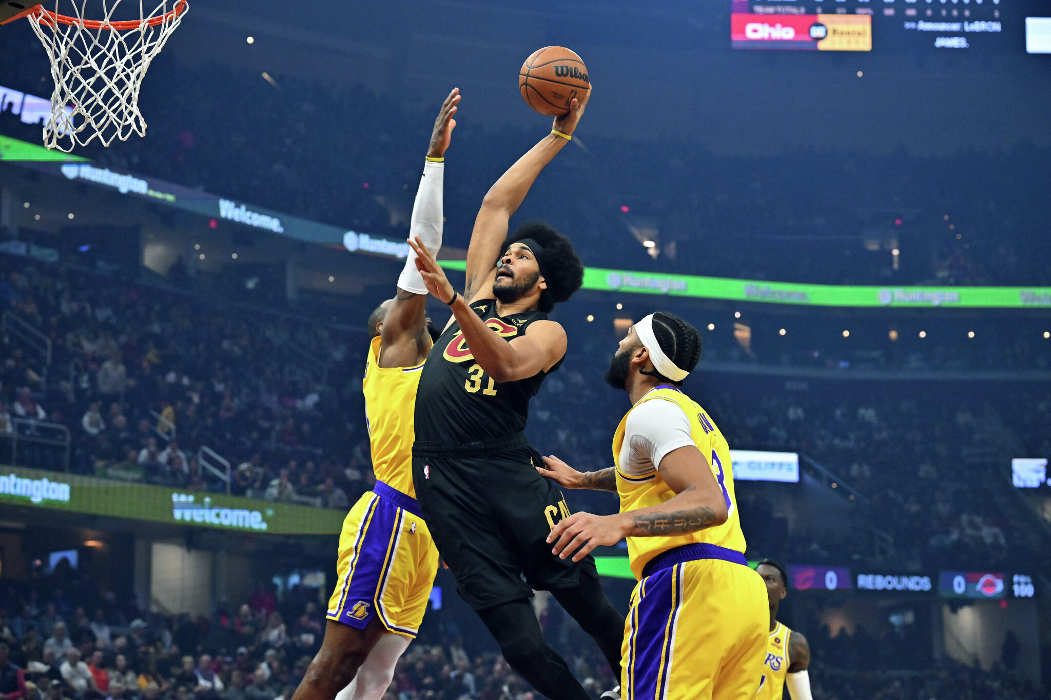 LeBron James has dunk blocked by Jarrett Allen