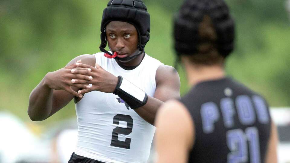 Willis quarterback and Florida commit DJ Lagway motions for a play during the Texas 7-on-7 state tournament at Veterans Park and Athletic Complex on Saturday, June 24, 2023, in College Station.