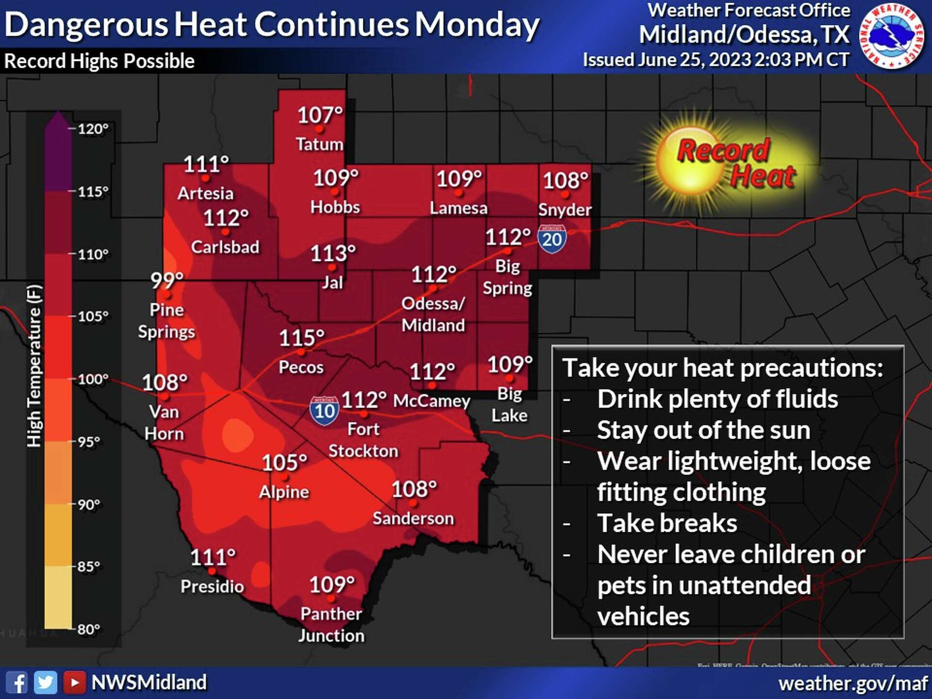 NWS Midland: High on Sunday was 111 degrees; high Monday to reach 113