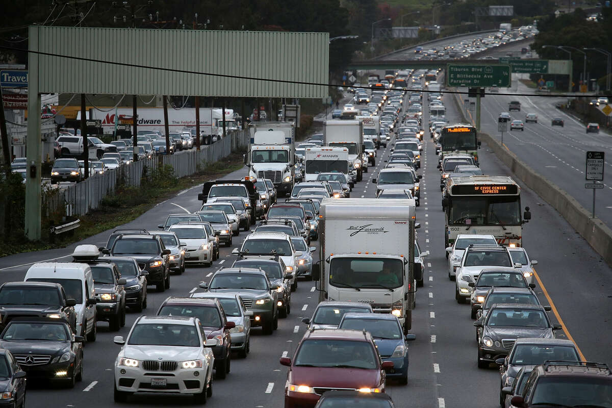 Cars sit in a miles-long traffic jam on southbound U.S. Route 101 in California's Bay Area.