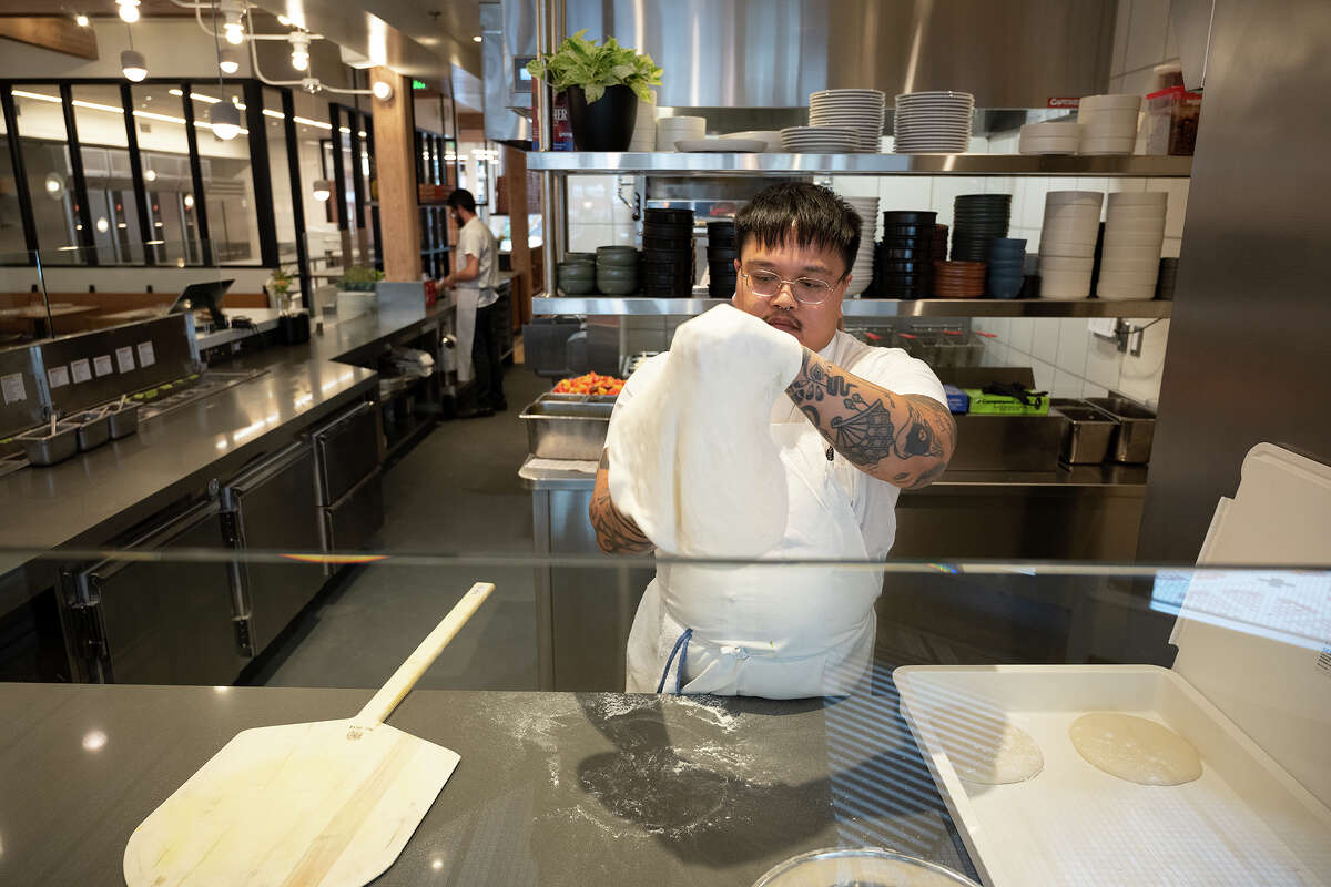 Chef Mike Tocus making pizza at Flour + Water in San Francisco Calif., June 22, 2023