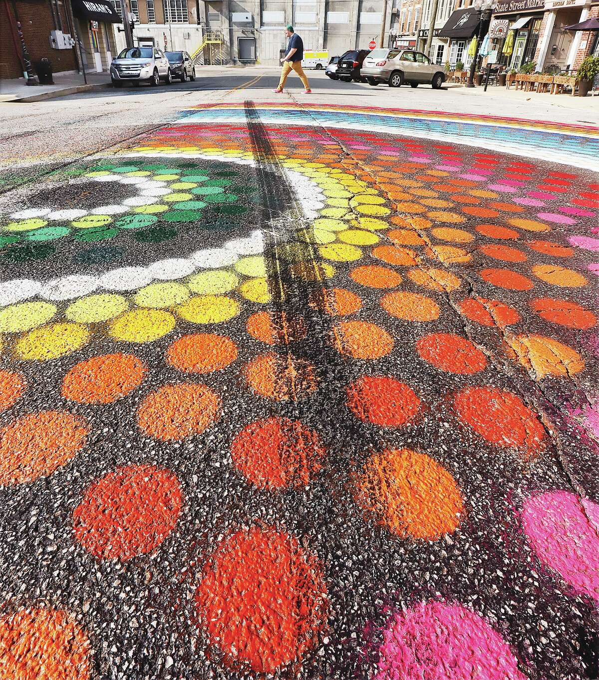 Alton's repainted ripple street mural now bears skid mark
