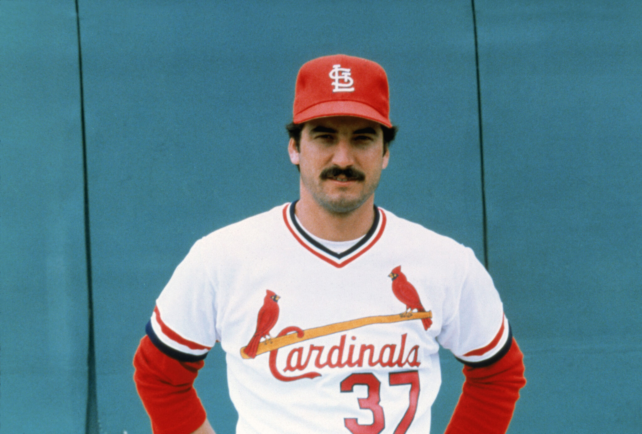 Keith Hernandez of the St. Louis Cardinals hits a single during