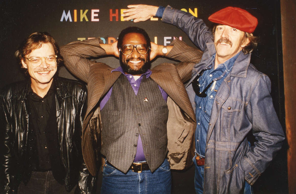 Mike Henderson (center) with Terry Allan (left) and William T. Wiley at their three-person show at Cuesta College Art Gallery in San Luis Obispo in 1988.