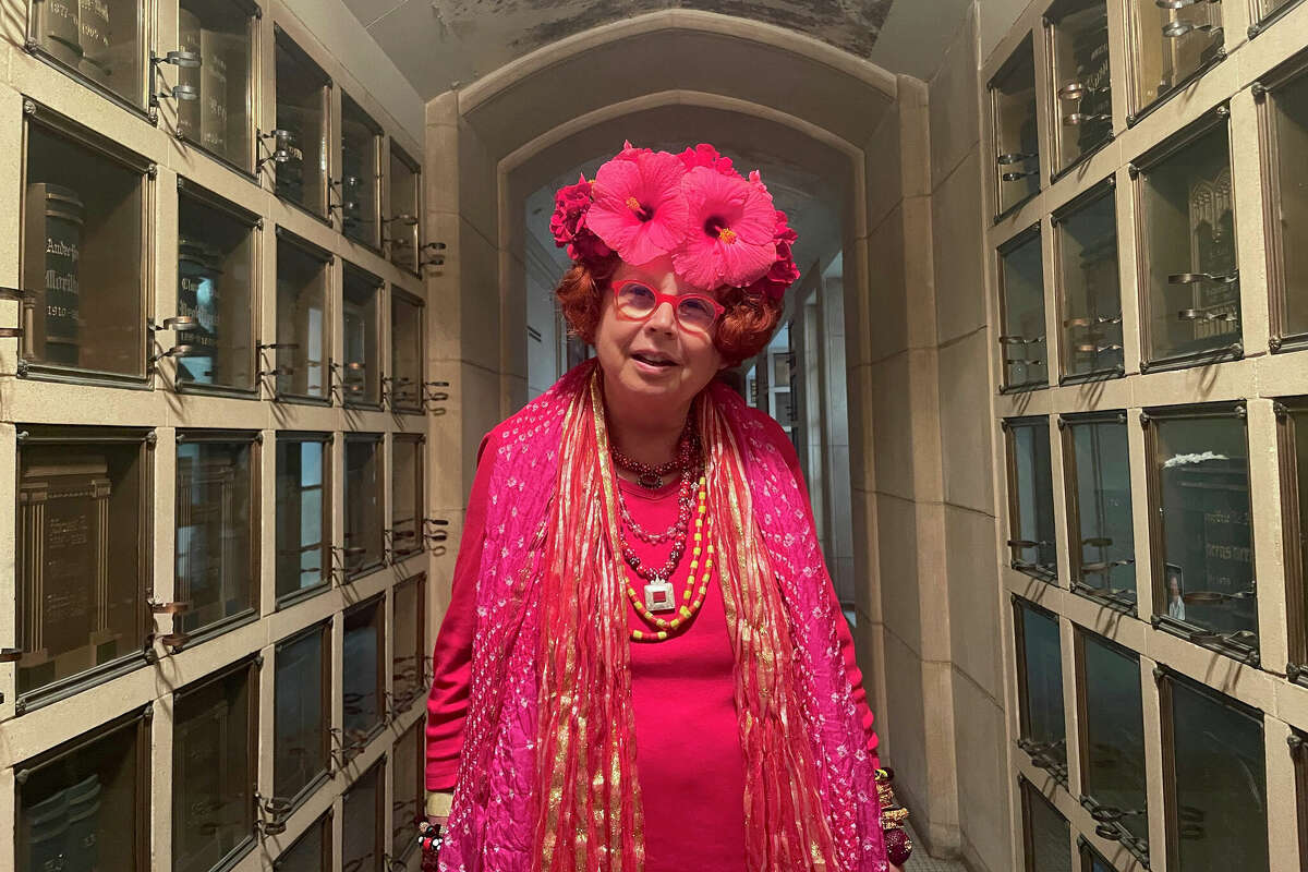 Susan Davis, of Albany, is photographed inside the Chapel of the Chimes Funeral Home & Crematory, in Oakland, during the Garden of Memory musical event on the summer solstice, Wednesday June 21, 2023. 