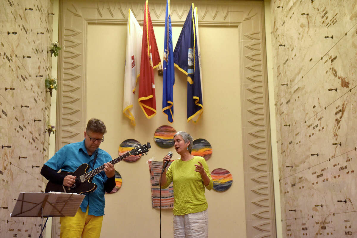 John Schott, left, and Cecilia Engelhart perform inside the Chapel of the Chimes in Oakland, on Wednesday June 21, 2023. 