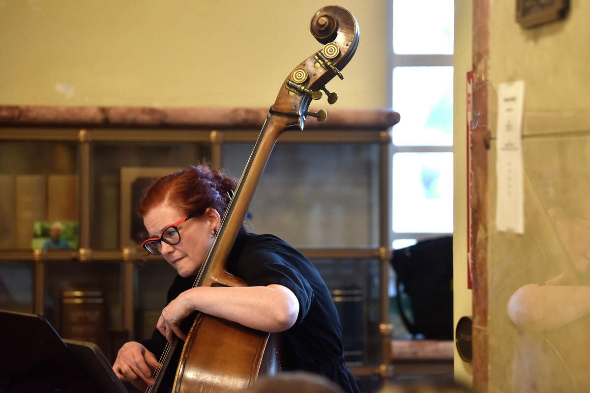 Bassist Lisa Mezzacappa performs inside the Chapel of the Chimes in Oakland, on Wednesday, June 21, 2023.