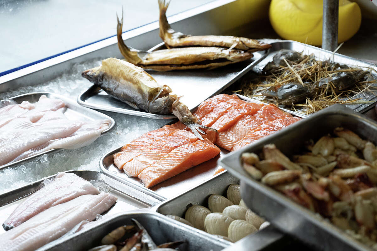 Seafood in the window of Swan Oyster Depot in San Francisco Calif., June 27, 2023