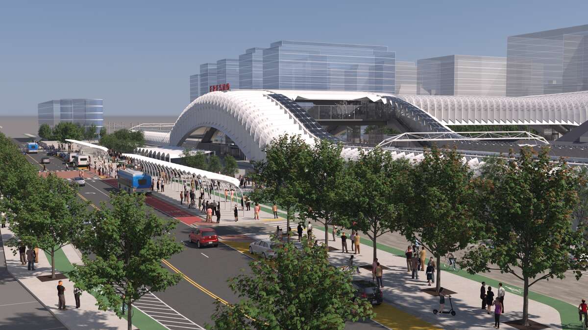 Early design concepts for the Fresno high-speed rail station include a distinctive metal canopy, part of the design by Foster + Partners and Arup.