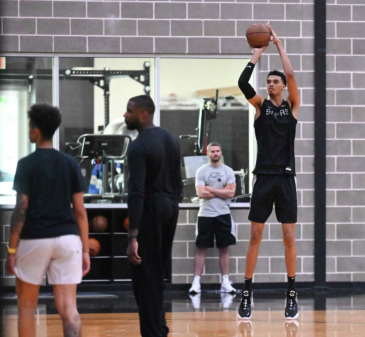 Victor Wembanyama shoots during a practice at the San Antonio Spurs practice facility on Thursday, June 29, 2023. The team will soon leave San Antonio for summer league play.