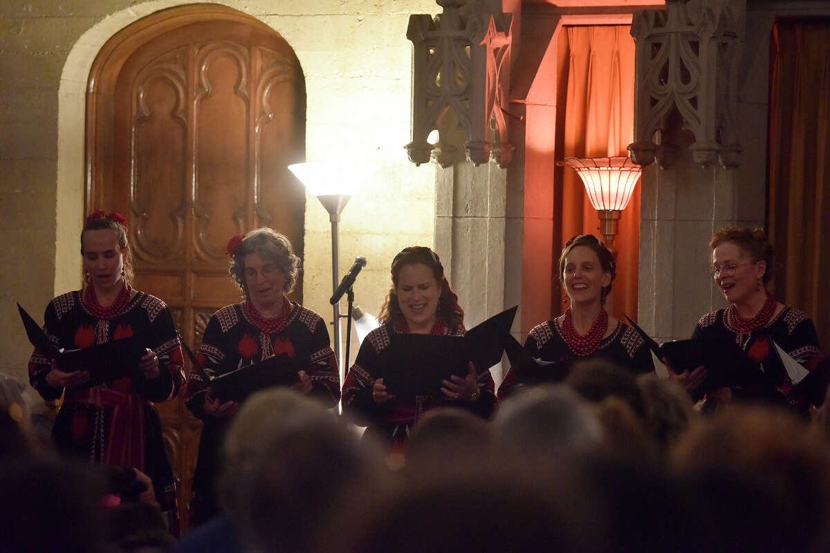 The women’s vocal ensemble Kitka performs the final performance of the Garden of Memory event at Chapel of the Chimes in Oakland, Calif., on June 21. 