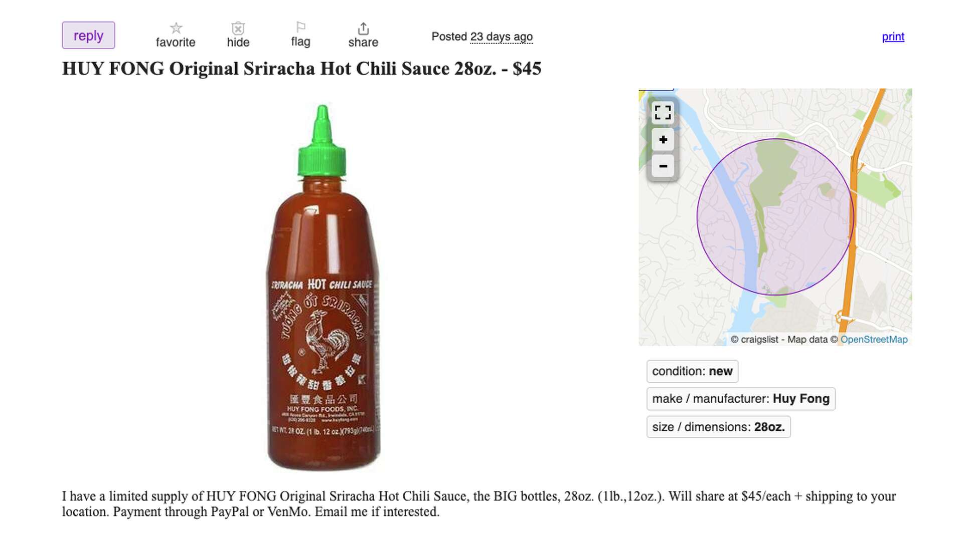 $45 bottle of Sriracha up for grabs on Austin Craigslist