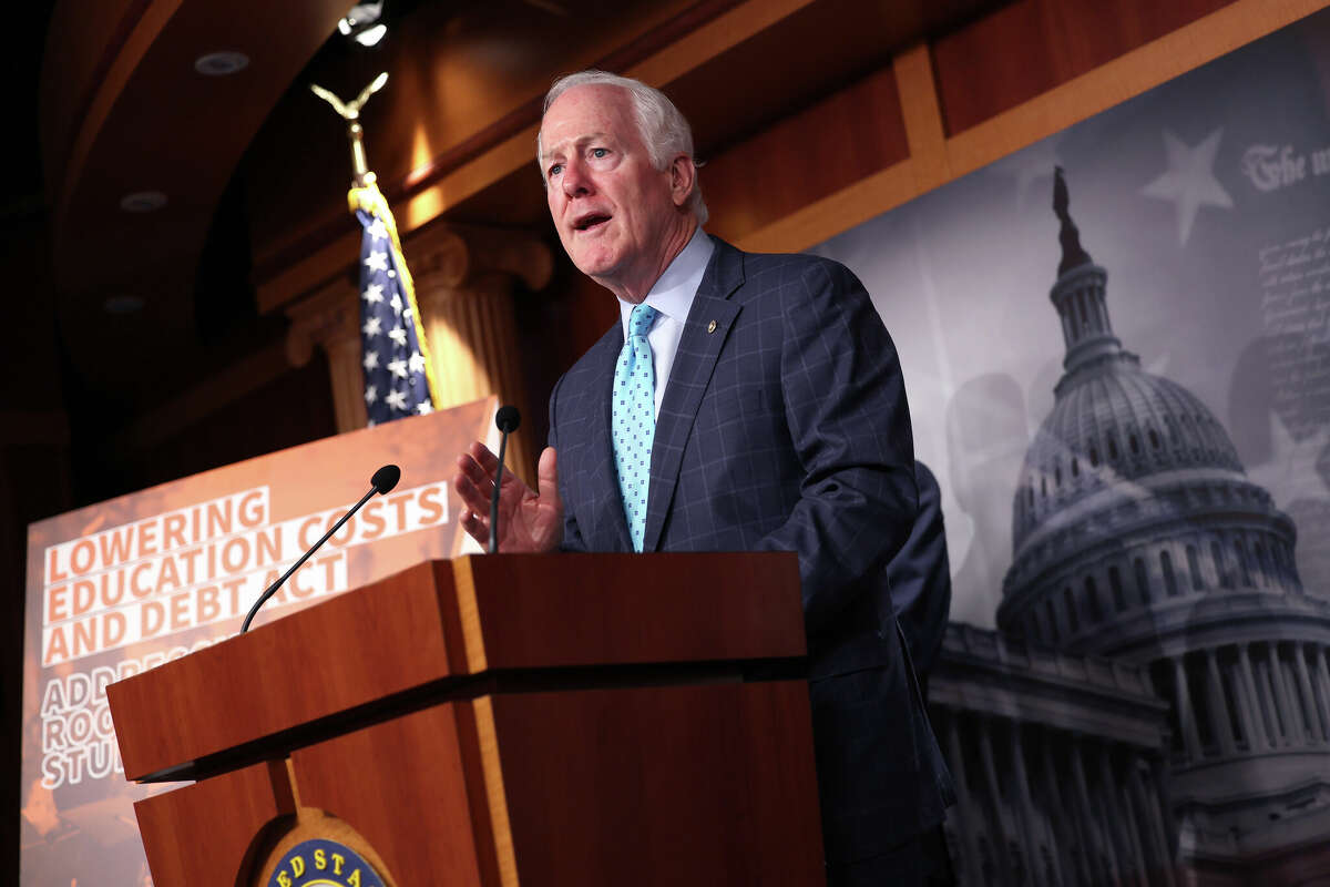 WASHINGTON, DC - JUNE 14: U.S. Sen. John Cornyn (R-TX) speaks at a press conference on student loans at the U.S. Capitol on June 14, 2023 in Washington, DC. The Senator spoke on legislation that would curb the increasing cost of higher education and would attempt to lower the amount of debt students take on. (Photo by Kevin Dietsch/Getty Images)