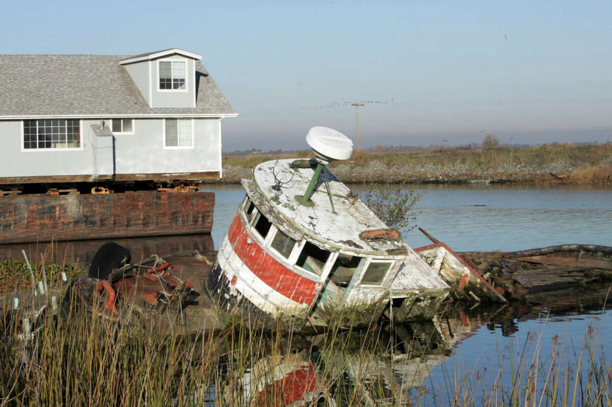 An abandoned boat off Bradford Island in the Delta.