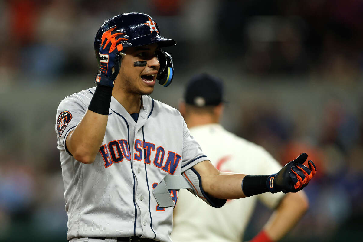 Mauricio Dubon of the Houston Astros reacts to hitting an RBI double  News Photo - Getty Images