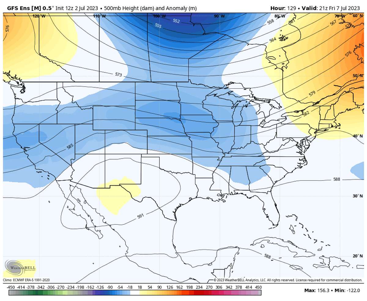 According to the American weather model, cooler weather is on the way in California.  By Friday morning, the sea layer will be several thousand feet thick and could extend inland.