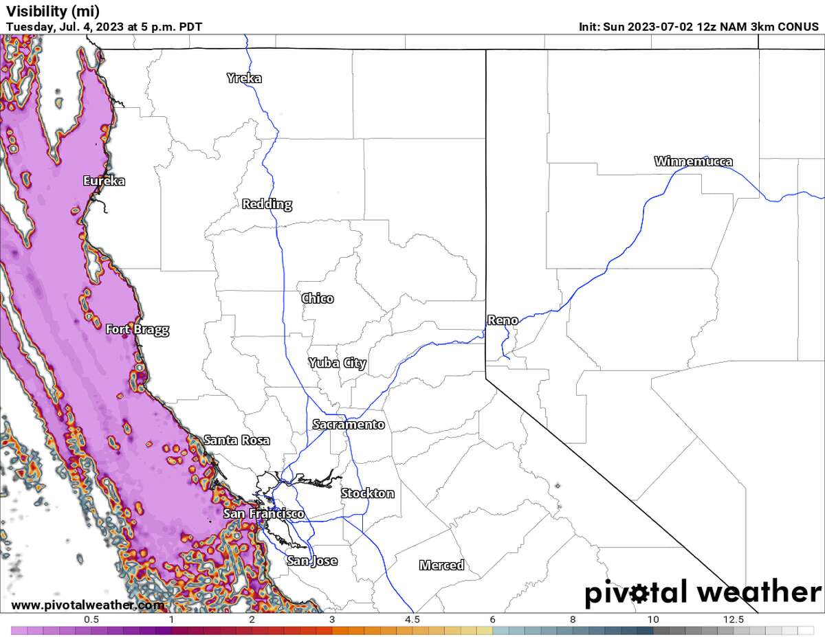 The North American model is forecasting reduced visibility along the Pacific Coast and parts of San Francisco Tuesday evening, obscuring the July 4th fireworks display.