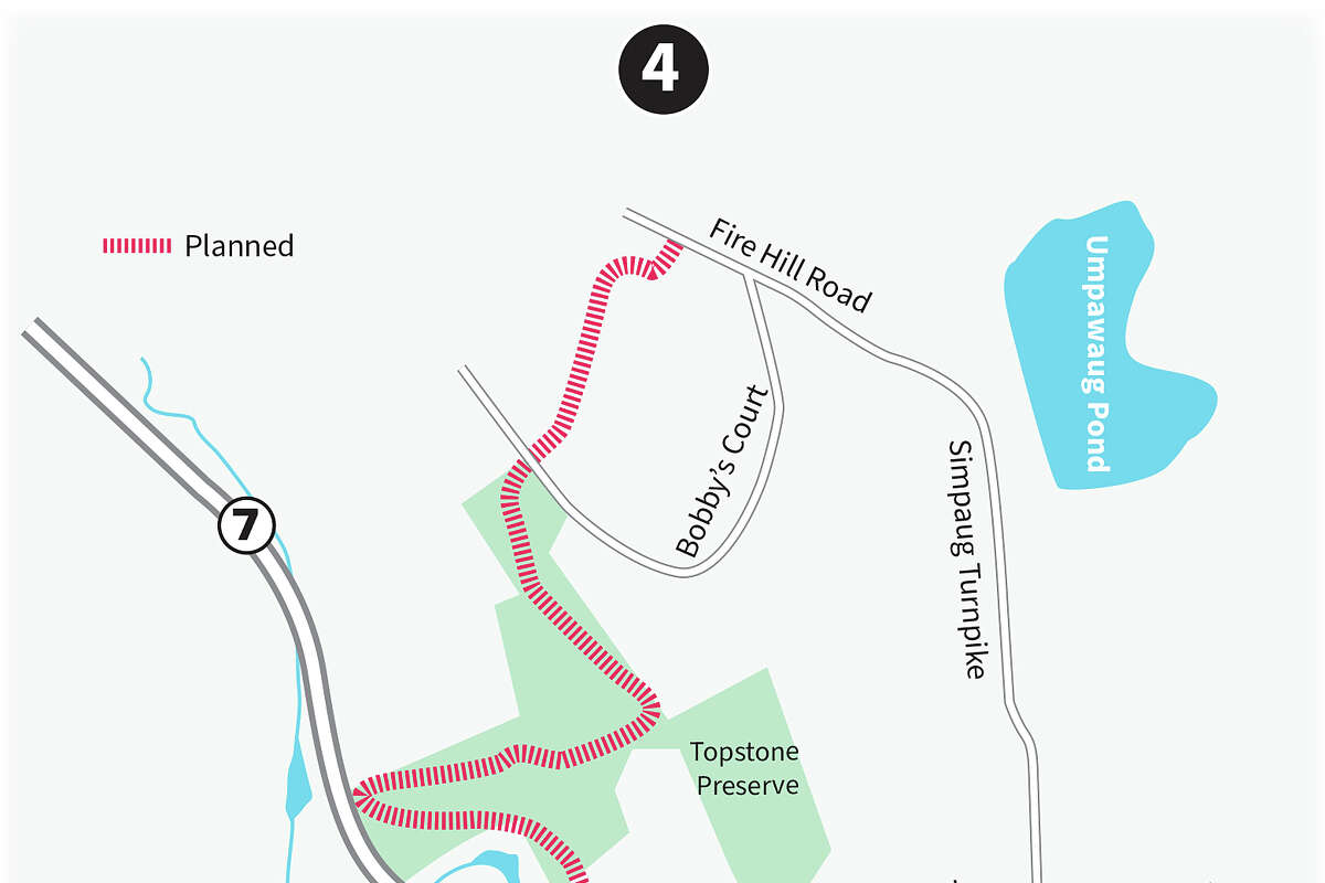 The section of the NRVT in Ridgefield and Redding runs north from Route 7 and Simpaug Turnpike to the Redding border near Fire Hill Road. The hike starts at a pond, then heads up into wooded hills. The trail extends north from Fire Hill Road to Picketts Ridge Road. Once in Redding, this section of the trail follows an old wood road deep into the woods.