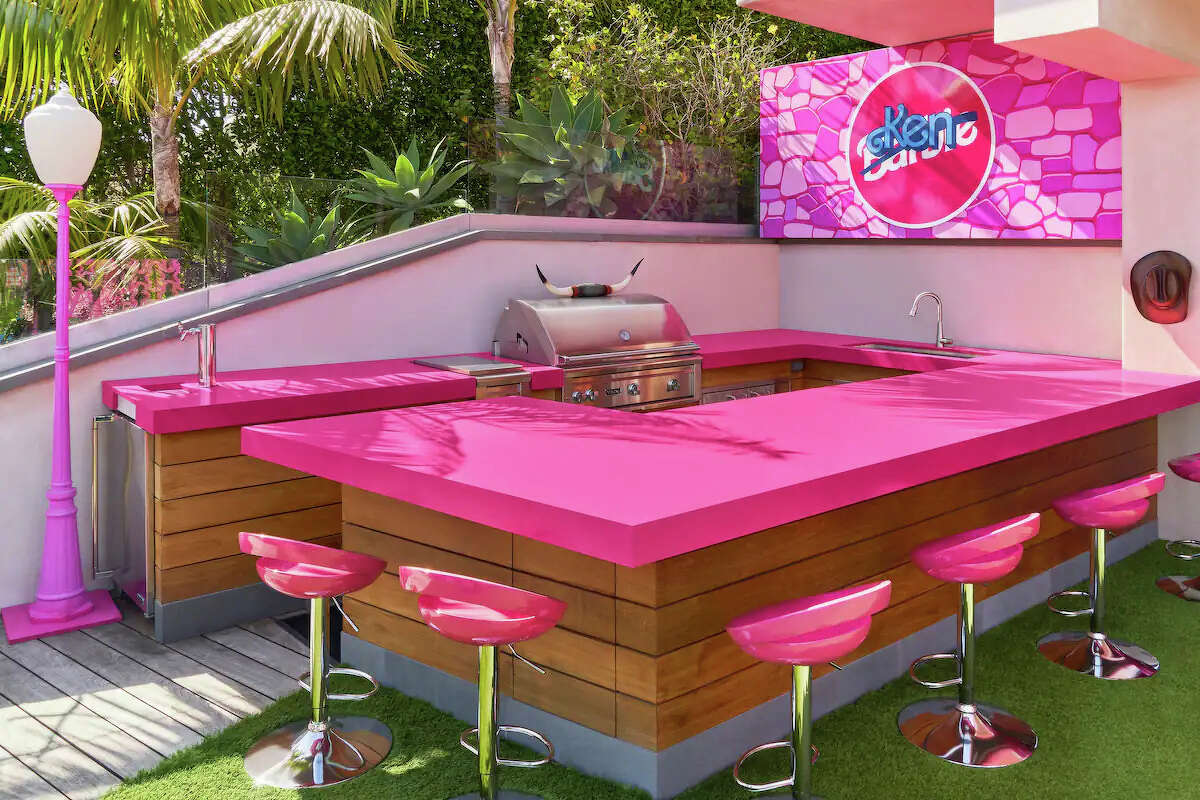 The grill area is seen at the Barbie Dreamhouse in Malibu, Calif. The property is being rented on Airbnb in promotion of the 2023 "Barbie" movie.