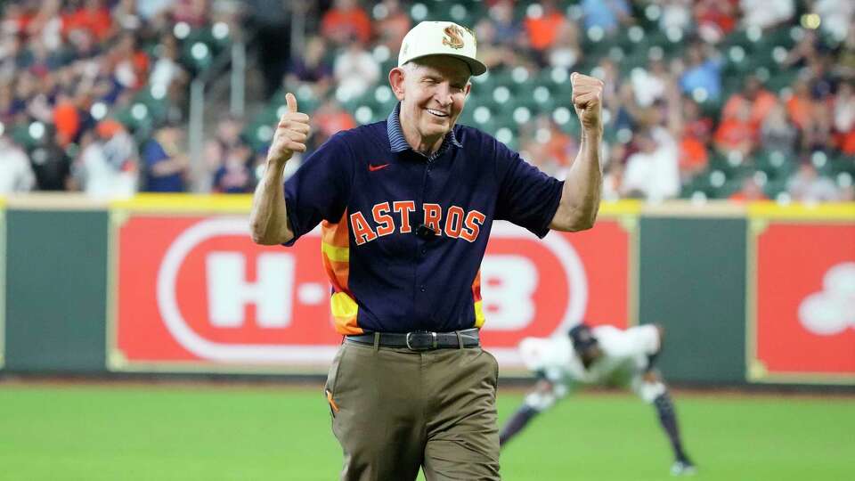 Mattress Mack gives thumbs up after throwing out the first pitch before the start of the first inning of an MLB baseball game at Minute Maid Park on Tuesday, July 4, 2023 in Houston.