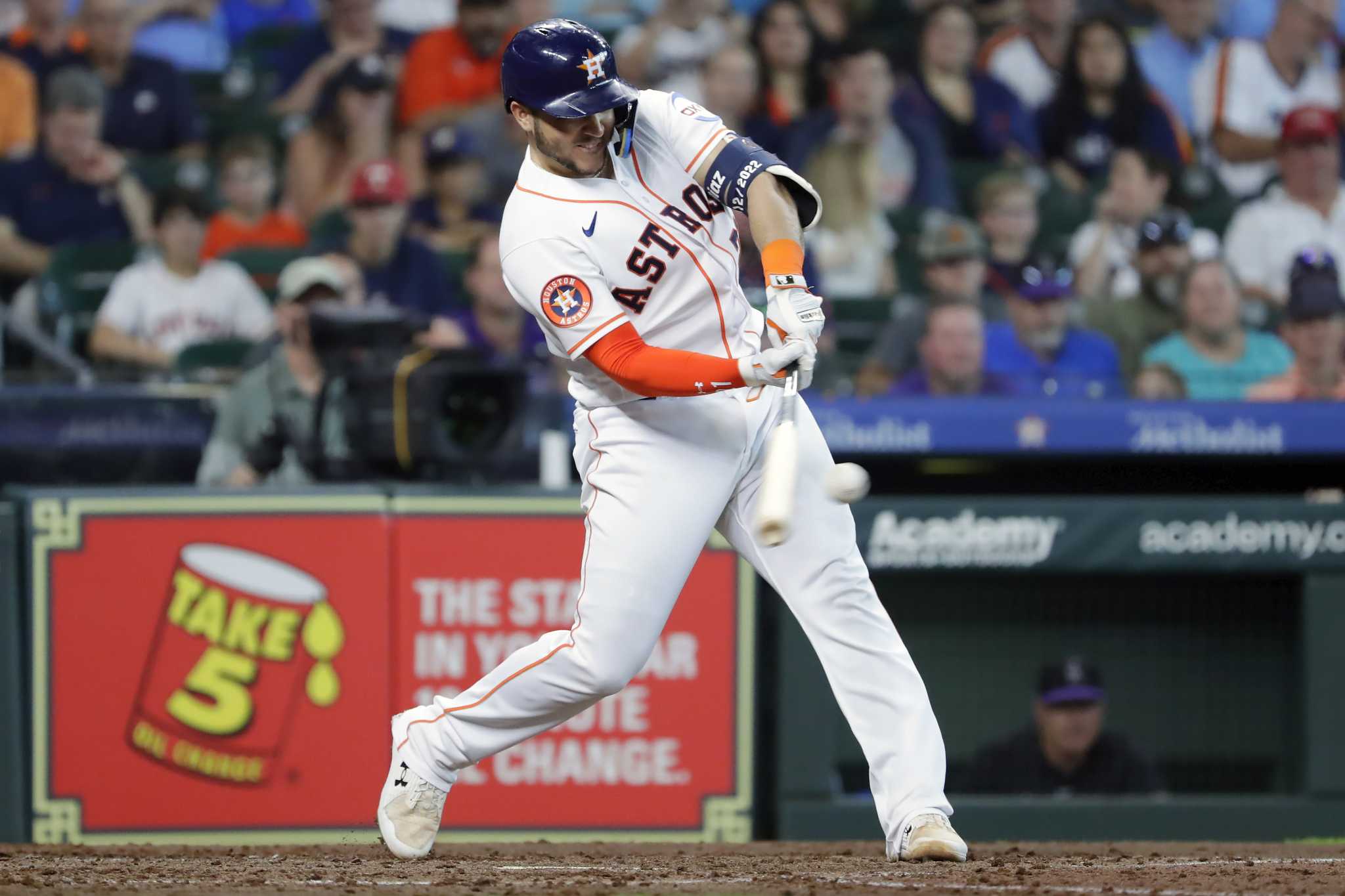 Houston Astros left fielder Aledmys Diaz connects for a hit during a  baseball game against the Colorado Rockies Wednesday, August 7, 2019, in  Houston. (AP Photo/Michael Wyke Stock Photo - Alamy