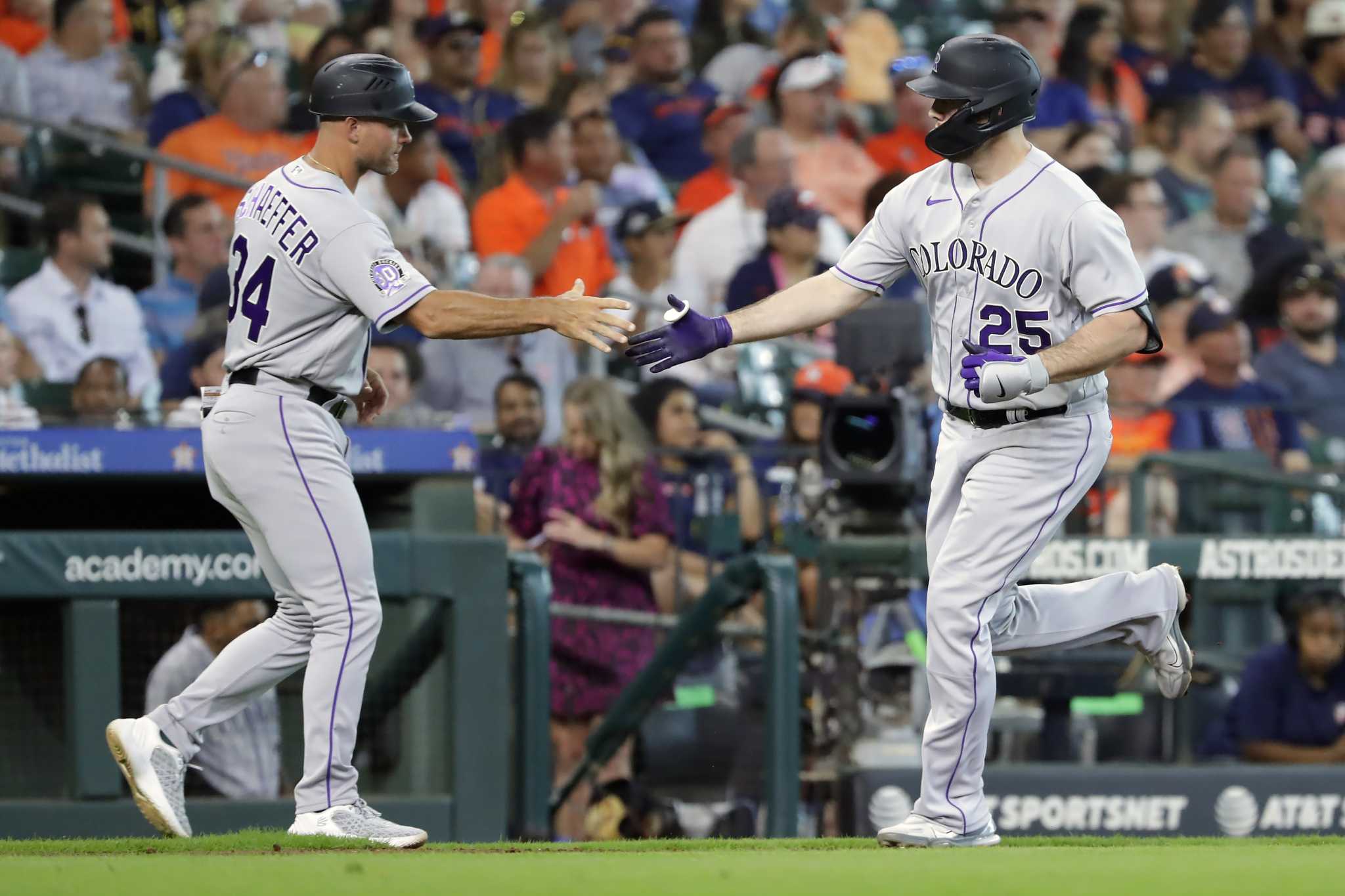 Houston Astros left fielder Aledmys Diaz connects for a hit during a  baseball game against the Colorado Rockies Wednesday, August 7, 2019, in  Houston. (AP Photo/Michael Wyke Stock Photo - Alamy