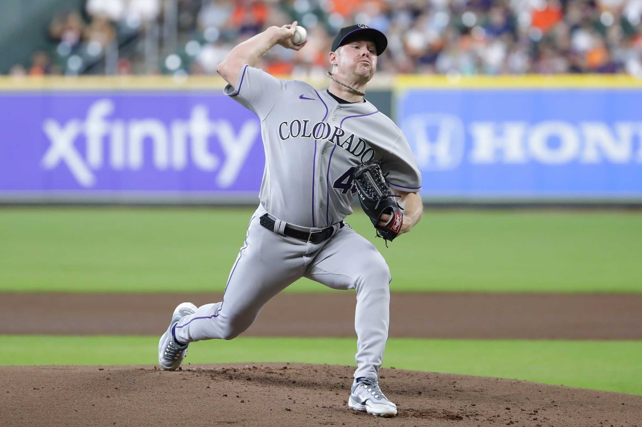 Houston Astros left fielder Aledmys Diaz connects for a hit during a  baseball game against the Colorado Rockies Wednesday, August 7, 2019, in  Houston. (AP Photo/Michael Wyke Stock Photo - Alamy