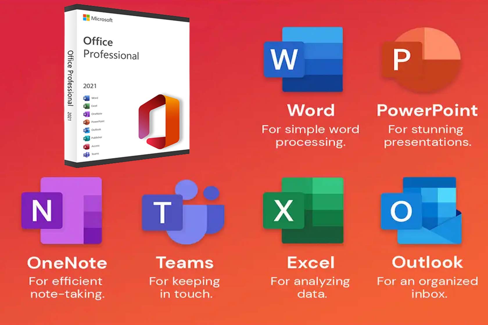  Microsoft Office suite productivity tools including Word, PowerPoint, OneNote, Teams, Excel, and Outlook.