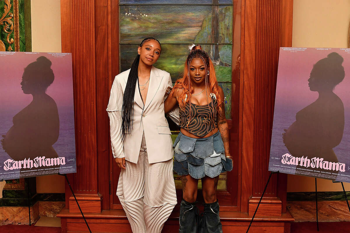 Writer and director Savanah Leaf and actor Tia Nomore attend the A24 Films screening of “Earth Mama” at the Grand Lake Theatre on June 21, 2023, in Oakland, Calif.