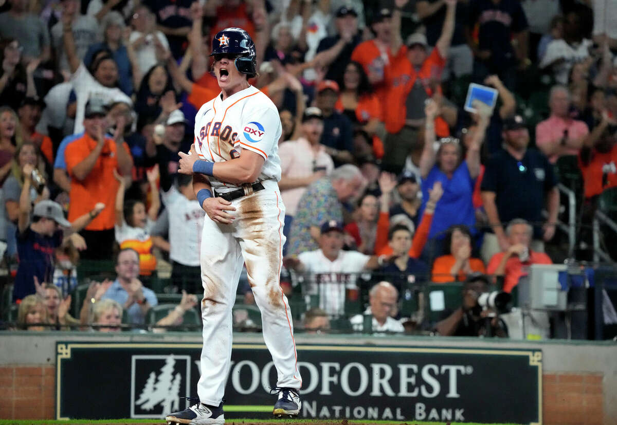 Mauricio Dubon of the Houston Astros stands on first base during