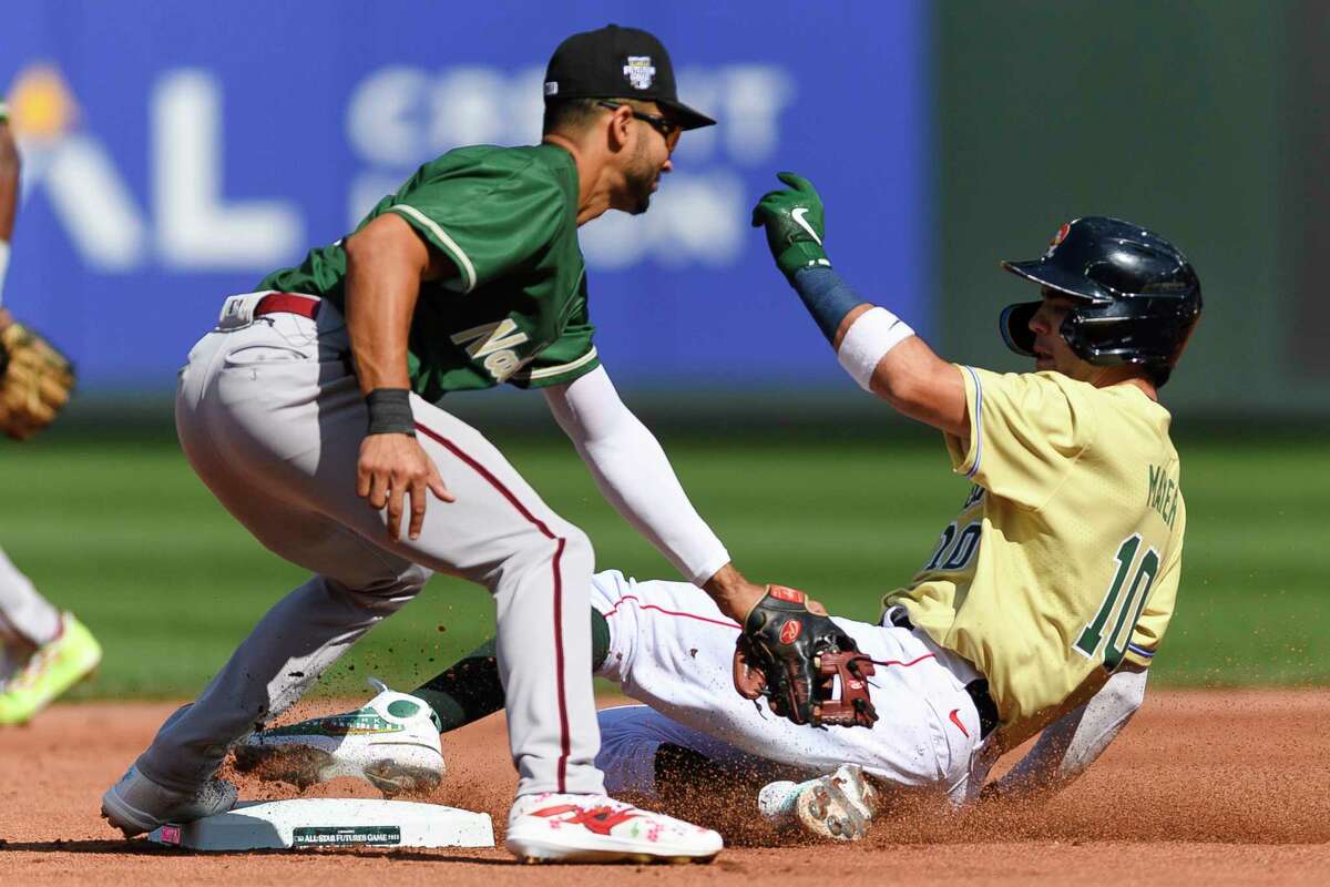 Marcelo Mayer of the Boston Red Sox slides into second base as Jordan  News Photo - Getty Images